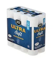 Bath tissue rolls with blue “Ultra Soft” packaging label on white rolls