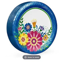 Round paper plate with blue rim and colorful floral bouquet design