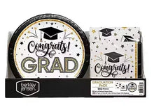 Graduation party plates and napkins set, black and gold Congrats Grad design