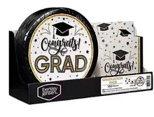 Graduation party plates and napkins set in box, black and gold Congrats Grad design
