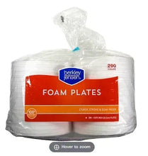 White foam plates, 9 in, 290 count, in plastic packaging.