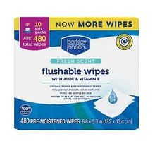Berkley Jensen flushable wipes package, fresh scent, 480 pre-moistened wipes