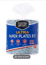 Berkley Jensen Ultra paper plates 8.5 in, 220-count pack with blue label