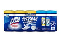 Lysol Advanced Cleaning disinfecting wipes variety pack, blue box with yellow banner