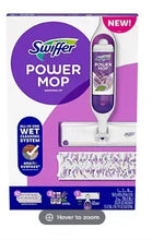 Lavender power mop kit with handle, pad, and scent bottle on box