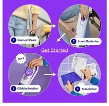 Power mop kit starter steps diagram with poles, batteries, solution, and pad