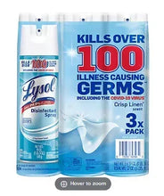 Lysol disinfectant spray, crisp linen 3-pack, blue bottle with trigger sprayer