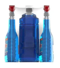 Windex Original glass cleaner bottles set: center blue and two side bottles, red caps