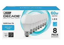 Daylight LED A19 8-pack bulb box showing 60W equivalent and dimmable