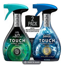 Febreze Touch fabric spray, 2-pack bottles in teal and blue with trigger sprayers