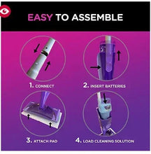 Swiffer WetJet mop starter kit assembly diagram with connect and battery steps