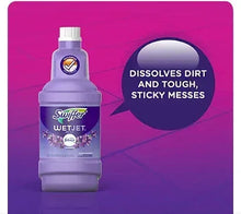 Swiffer WetJet floor cleaner solution bottle, dissolves dirt and tough sticky messes