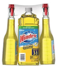 Windex multi-surface disinfectant cleaner bottles, spray tops and center bottle