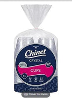 Clear plastic cups multipack in retail bag, Chinet CRYSTAL label visible