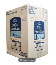 White 16 oz foam cups carton, 500 count, WinCup packaging side with labels