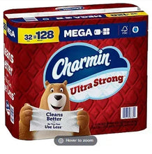 Charmin Ultra Strong 32–128 mega roll toilet paper pack, red with blue seal