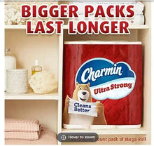 Charmin Ultra Strong mega toilet paper roll pack standing, red wrap and blue badge