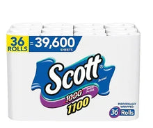 Bath tissue 36-roll pack with Scott logo; individually wrapped white rolls