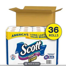 Bath tissue 36-roll pack in open carton; Scott logo; individually wrapped rolls