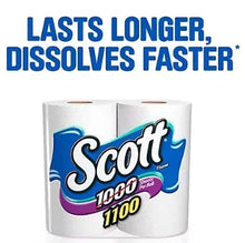 Bath tissue rolls with Scott 1100 logo on white tissue tubes