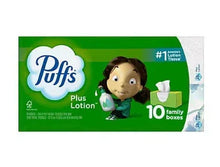 Puffs Plus Lotion facial tissue box, 10 family boxes with white tissue