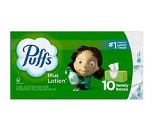 Puffs Plus lotion facial tissue box, green with child graphic, 10 family boxes