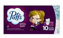 Facial tissue box with Puffs Ultra Soft branding, 10 family boxes, purple package
