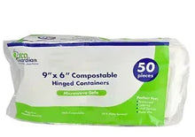 White compostable hinged clamshell container with lid, 9 x 6 in, 50-pack