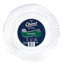 Clear plastic dinner plate with round ridged rim and center label