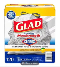 Glad ForceFlex MaxStrength kitchen trash bag box with Clorox, lemon fresh bleach scent