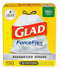 Glad ForceFlex tall kitchen trash bag pack, 150-count, white, with leak protection