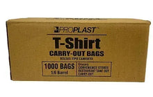 Proplast T-shirt carry-out bags box, brown carton with "T-Shirt Carry-Out Bags" label