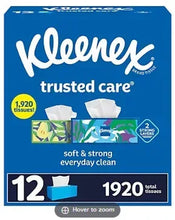 Kleenex Trusted Care 2-ply facial tissue box, blue packaging with 12 packs shown