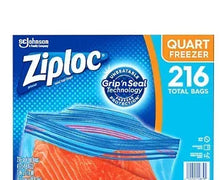 Ziploc quart freezer bags box front with blue seal bags and orange food shown