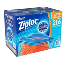 Ziploc quart freezer bags carton with blue exterior and orange food illustration
