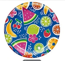 Round paper plate with colorful fruit and citrus pattern