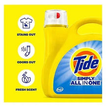 Yellow liquid laundry detergent jug with icons for stains out, odors out, fresh scent