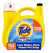 Yellow liquid laundry detergent jug with clear cap, Tide label, 153 loads