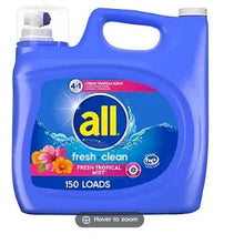 all fresh tropical mist laundry detergent jug, blue bottle with handle, 150 loads