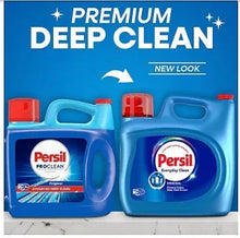 Persil Premium Deep Clean liquid laundry detergent bottles, blue with red caps