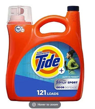 Orange Tide+Febreze Sport liquid laundry detergent jug with blue label, 121 loads