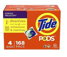 Laundry detergent pods box, orange with Tide logo and 168 pacs