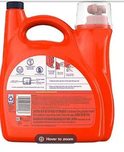 Orange liquid laundry detergent jug with product directions and icons on back label