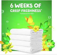 Laundry detergent freshness promo with folded white towels and 6 weeks of crisp freshness.