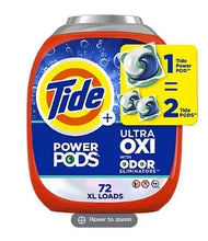 Orange Tide Ultra OXI laundry detergent pacs tub, front with 72 XL loads