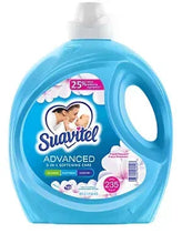 Suavitel advanced liquid fabric softener bottle with blue cap and blue formula