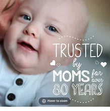 Baby detergent promo with infant face and 'Trusted by moms for 80 years' text