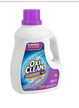 Laundry odor remover liquid jug, white bottle with purple cap and blue label