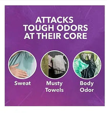 Purple product label panel reading “ATTACKS TOUGH ODORS AT THEIR CORE”