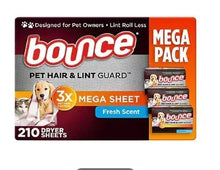 Bounce mega pack dryer sheets box with Fresh Scent, pet hair & lint guard